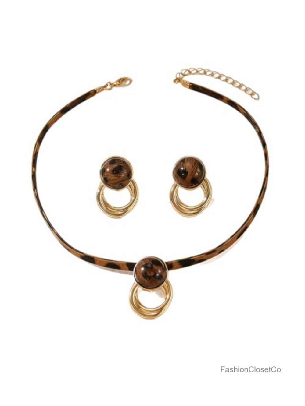 Boho Leopard Jewelry Set Faux Leather Choker Necklace Gold Plated Dangle